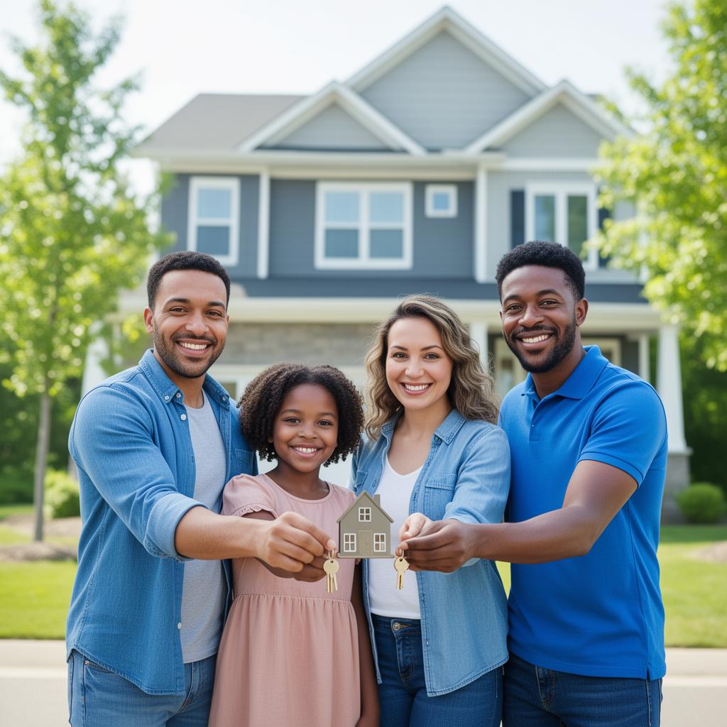 A happy family holding keys to their new home